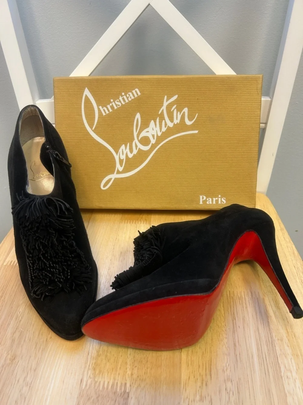 Authentic Christian Louboutin Goya Suede Fringe Black Bootie 10 US w/ Shoe Bags